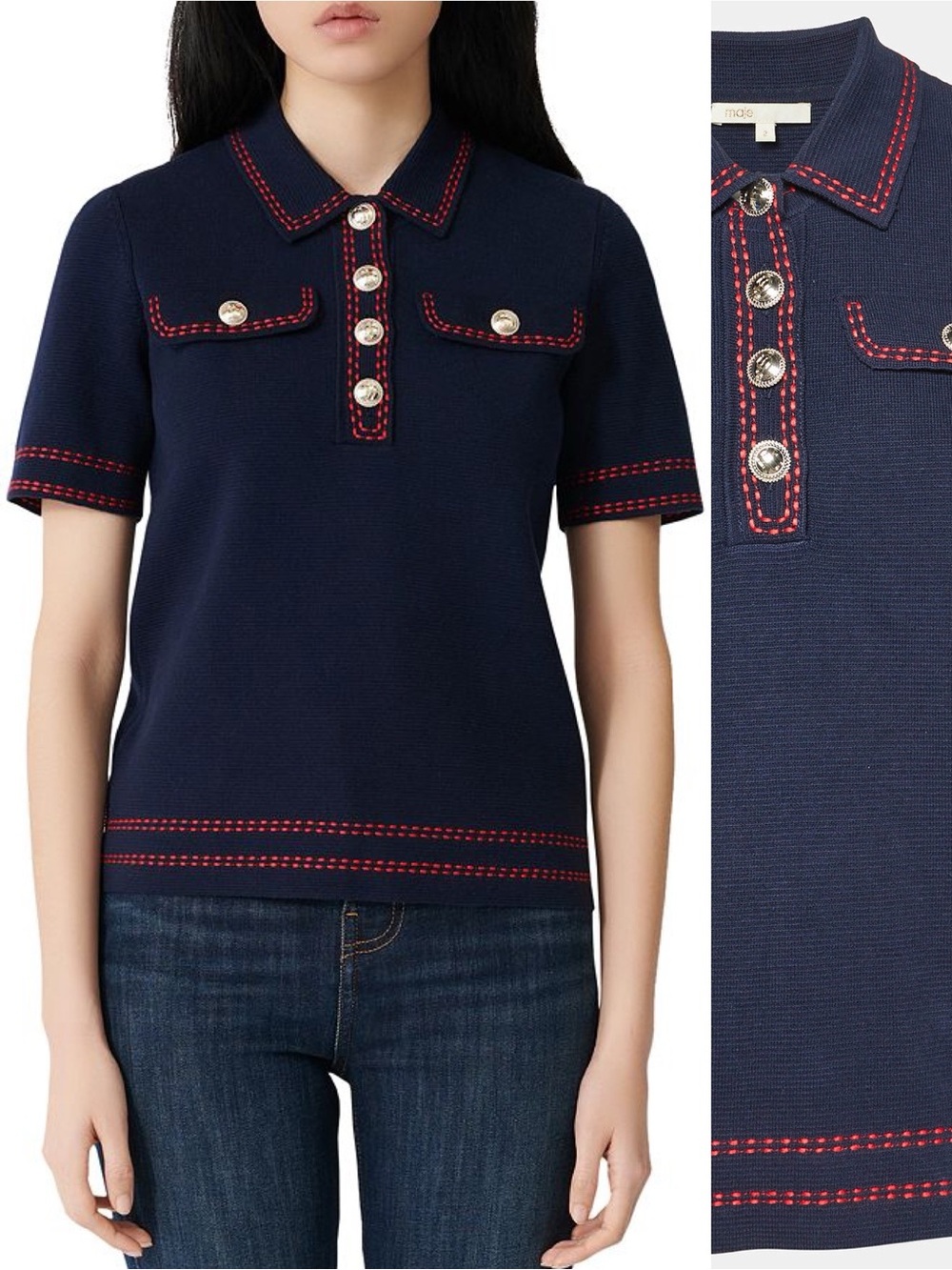maje | Misla Contrast Stitch Polo Sweater